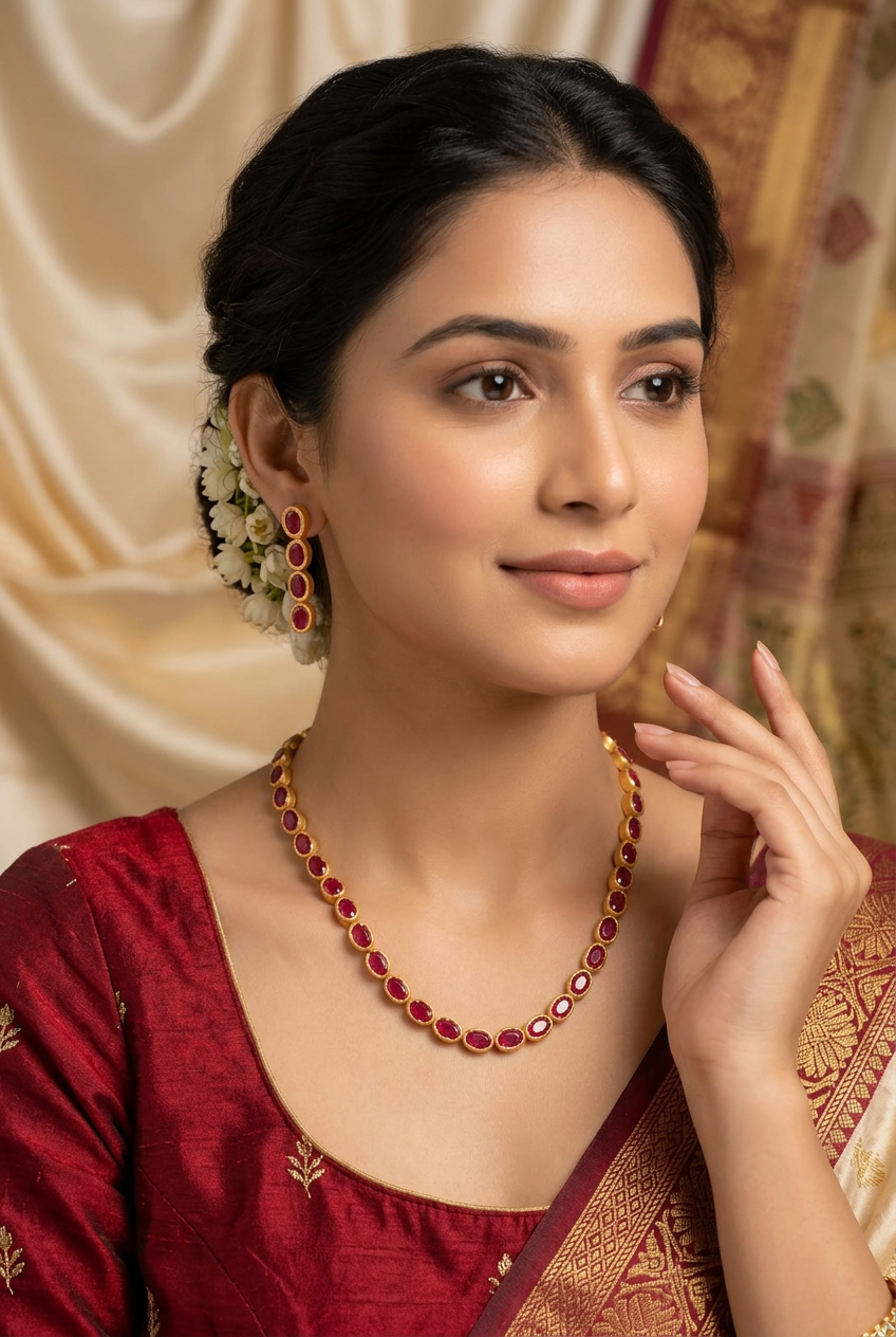 Elegant Bezel-Set Oval Ruby Red Kemp Stone Chain Necklace & Linear Drop Earring Set