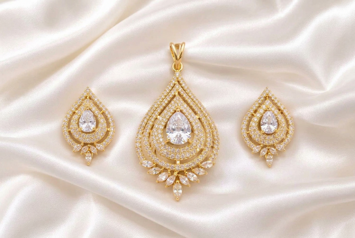 Dazzling Clear CZ Teardrop Pendant and Stud Earring Set | Gold Finish American Diamond Statement Jewelry