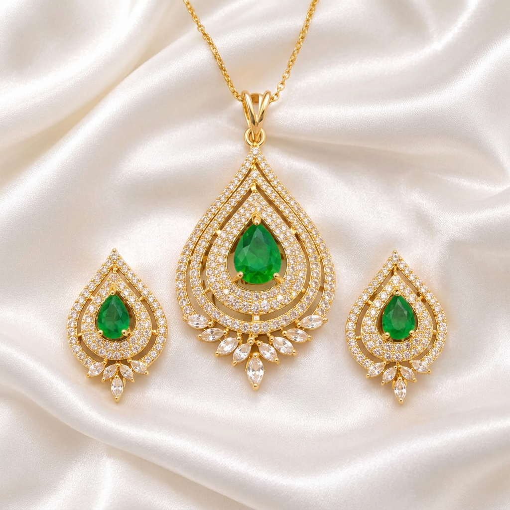 Gold Plated Teardrop Emerald Green & White CZ Pendant Set with Matching Earrings | Pear Cut Gemstone Jewelry