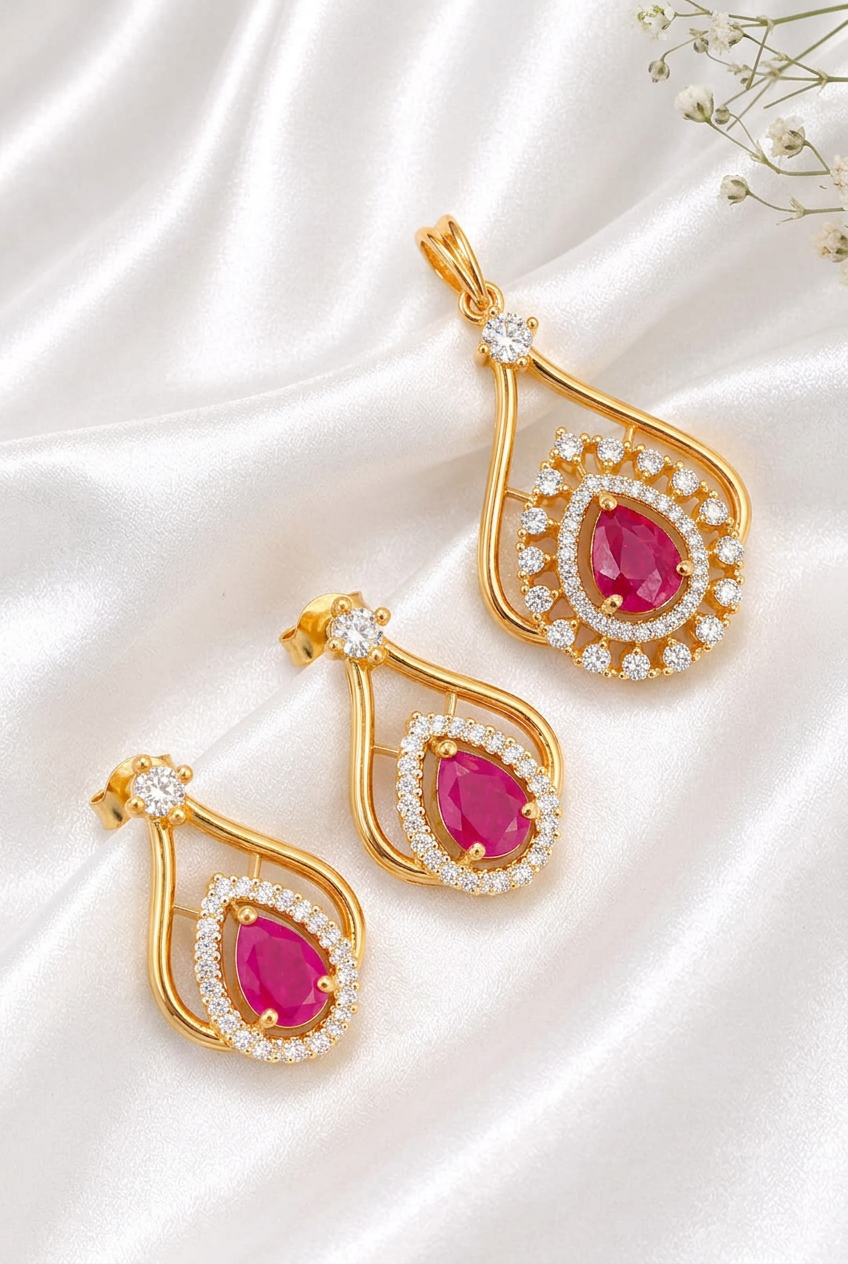 Elegant Pear-Cut Ruby and American Diamond Teardrop Pendant & Earring Set