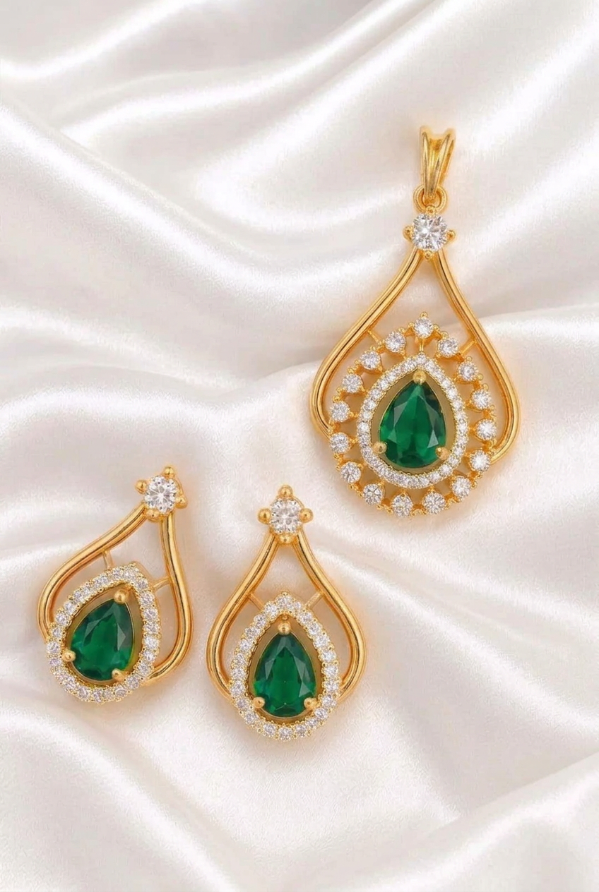 Elegant Pear-Cut Emerald and American Diamond Teardrop Pendant & Earring Set