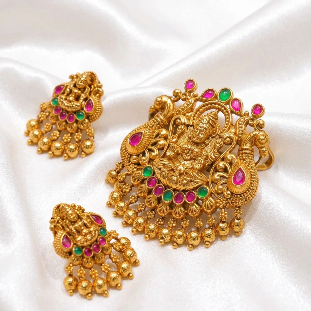 Antique Gold Goddess Lakshmi Pendant and Earrings Set | South Indian Temple Jewelry Set with Ruby & Emerald Stones | Ethnic Bridal Jewelry