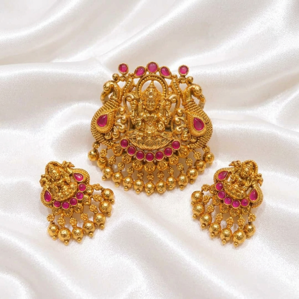Antique Gold Lakshmi Pendant and Earrings Set with Pink Ruby Stones | Temple Jewelry Set | South Indian Ethnic Bridal Jewelry
