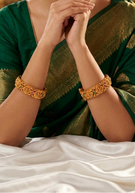 Traditional Antique Gold Plated Geometric Floral Screw Openable Kada Bangles Set (Pair)