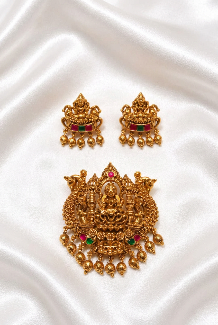 Antique Gold Plated Goddess Lakshmi Temple Pendant Set with Peacocks, Ruby & Emerald Stones