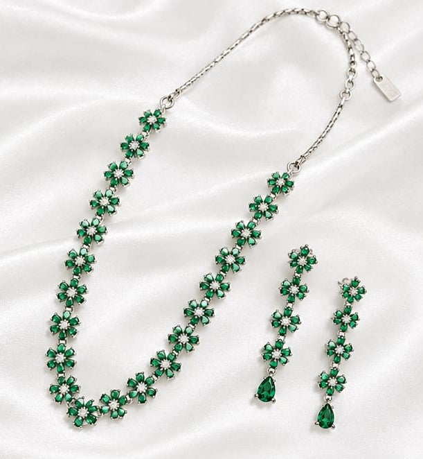 Elegant Silver-Tone Green Floral Crystal Necklace and Earrings Set