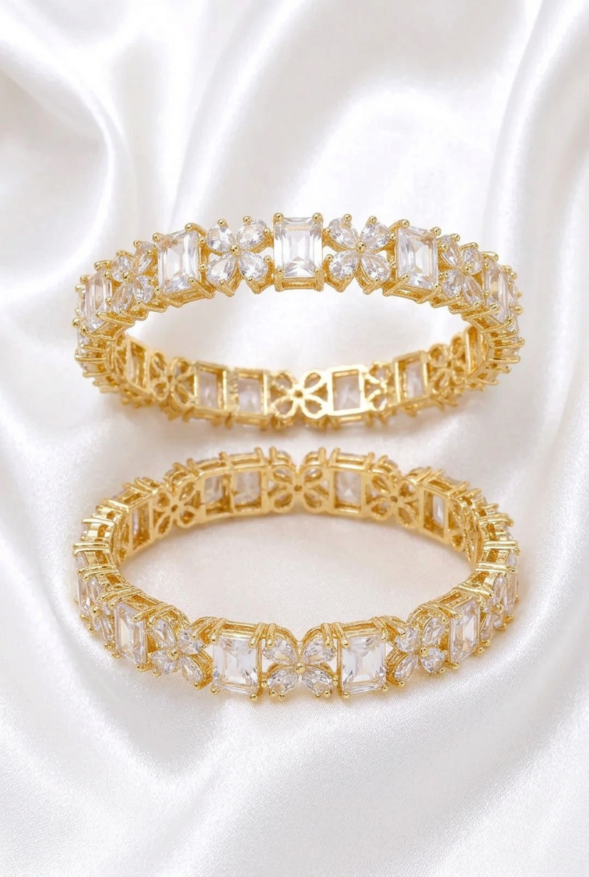 Gold-Plated Cubic Zirconia Flower & Solitaire Bangle Set