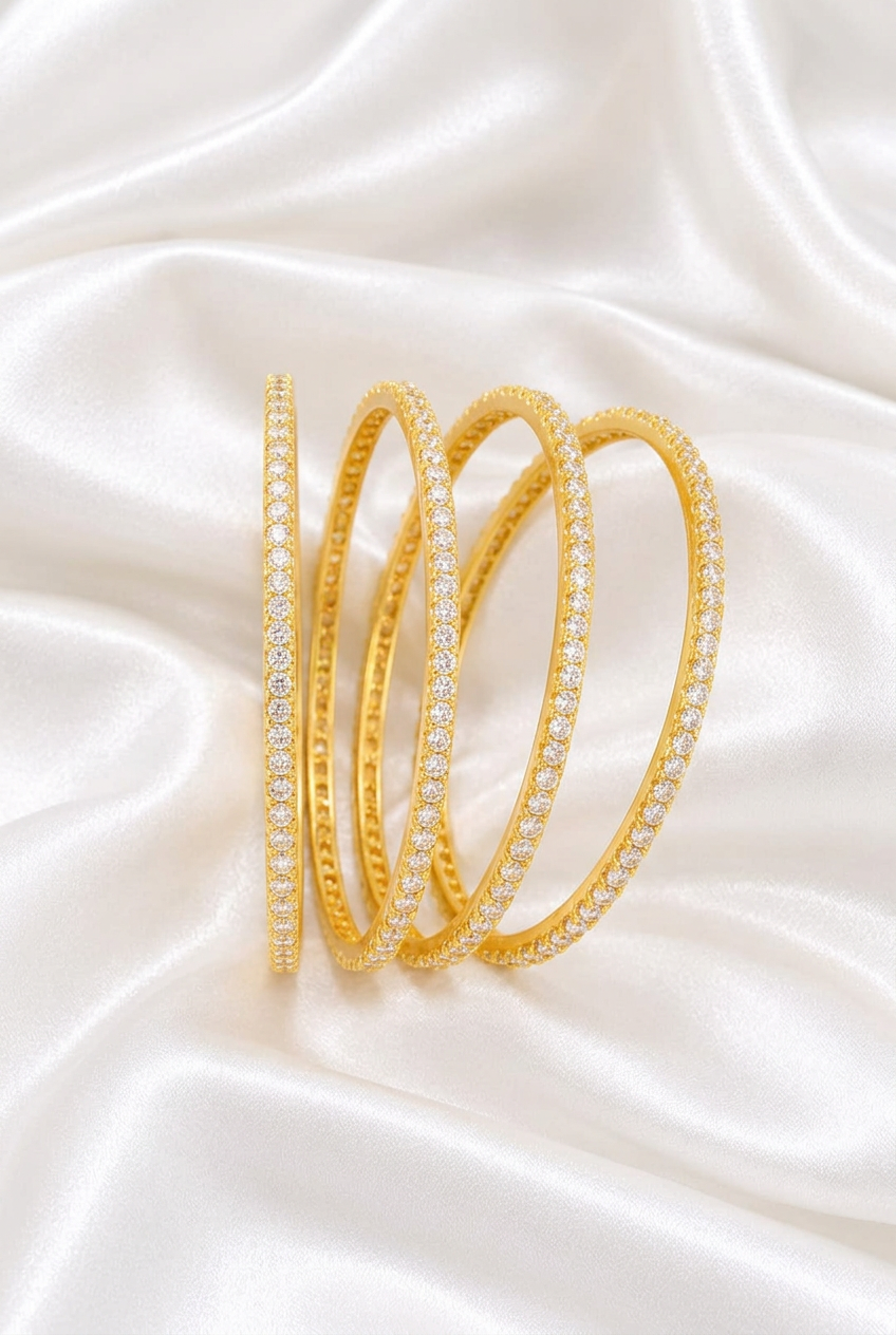 Gold Plated Cubic Zirconia / CZ Solitaire Bangle Set Classic Single-Line Diamond Look Fixed Bangles (Set of 4)