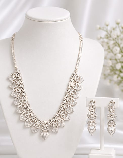 Silver-Tone CZ Stone Necklace Set with Matching Earrings