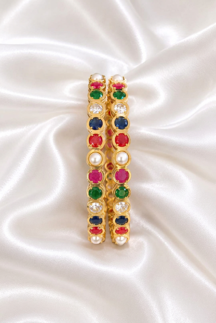 Gold Plated Multi-Color Stone & Pearl Bangle Set (Set of 2) – Navratna Multicolor Bezel