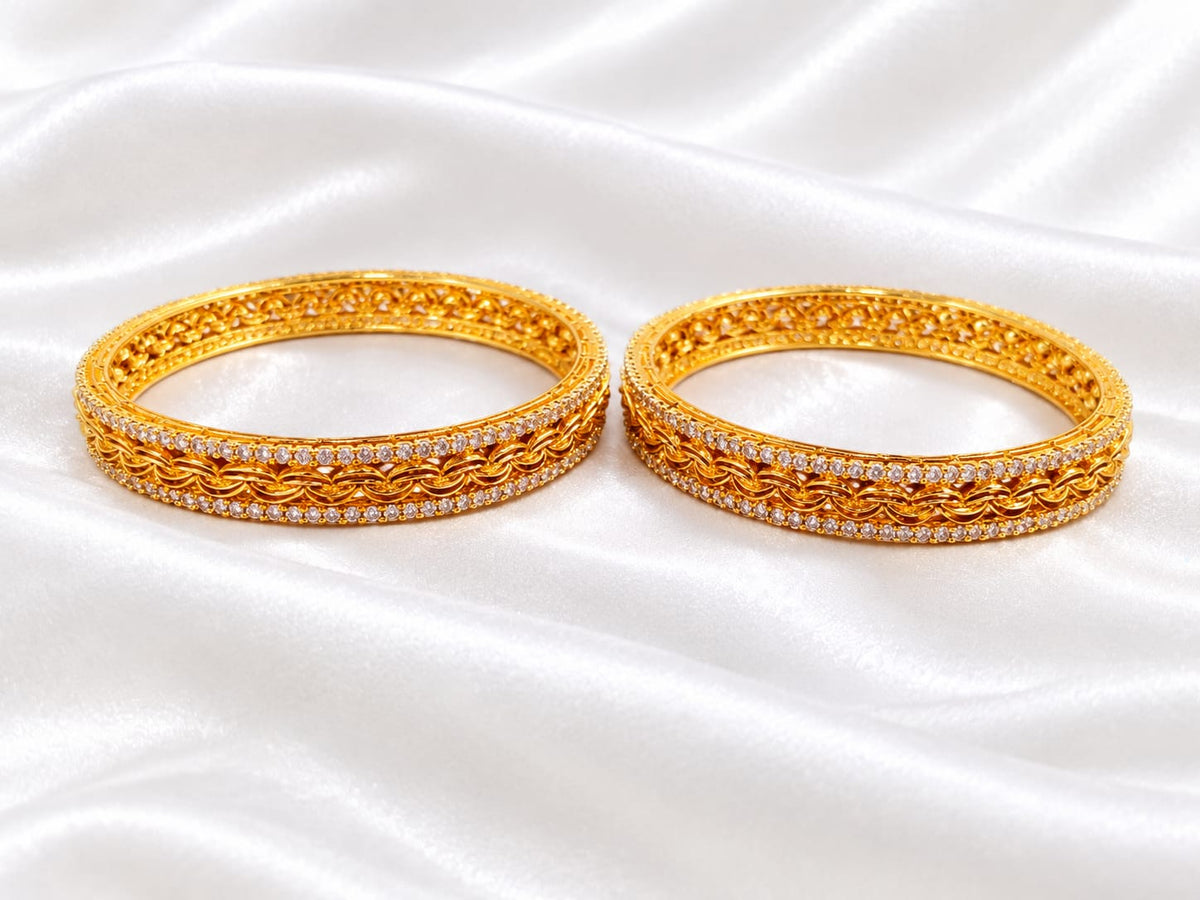 Gold Plated Dual-Row CZ Micro-Pave Broad Bangle Set with Filigree Wave Pattern (Set of 2)
