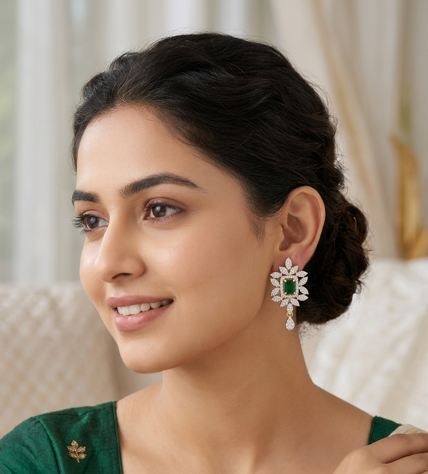 Emerald Green & CZ Floral Statement Earrings – Gold Plated Rectangle Stone Stud Drops