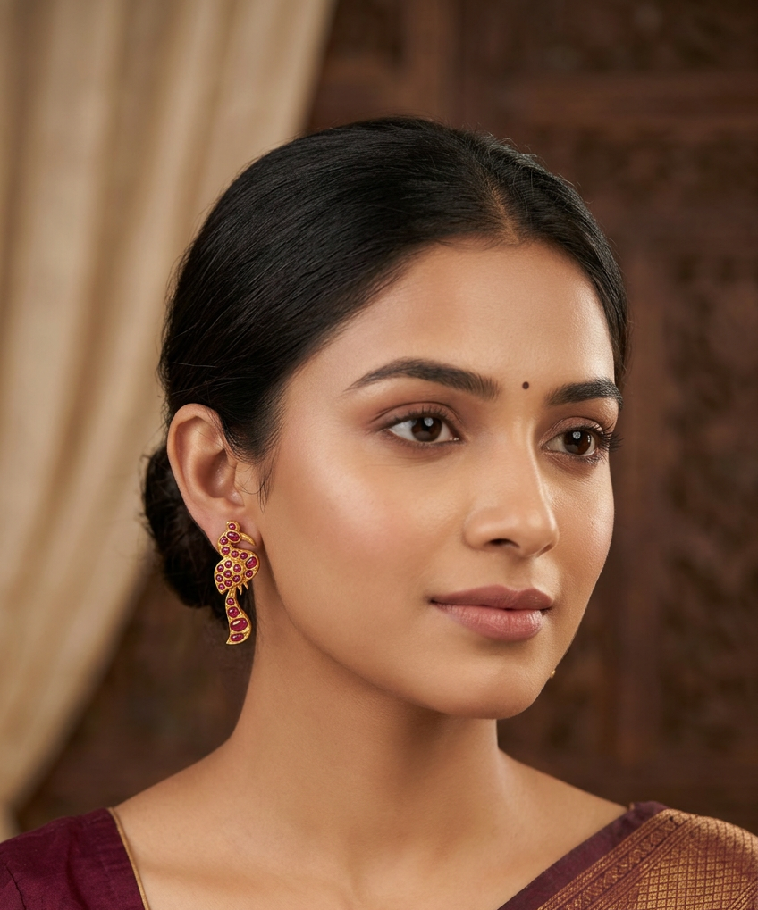 Antique Gold Bird Motif Temple Earrings – Ruby Cabochon Stone Peacock Drop Earrings