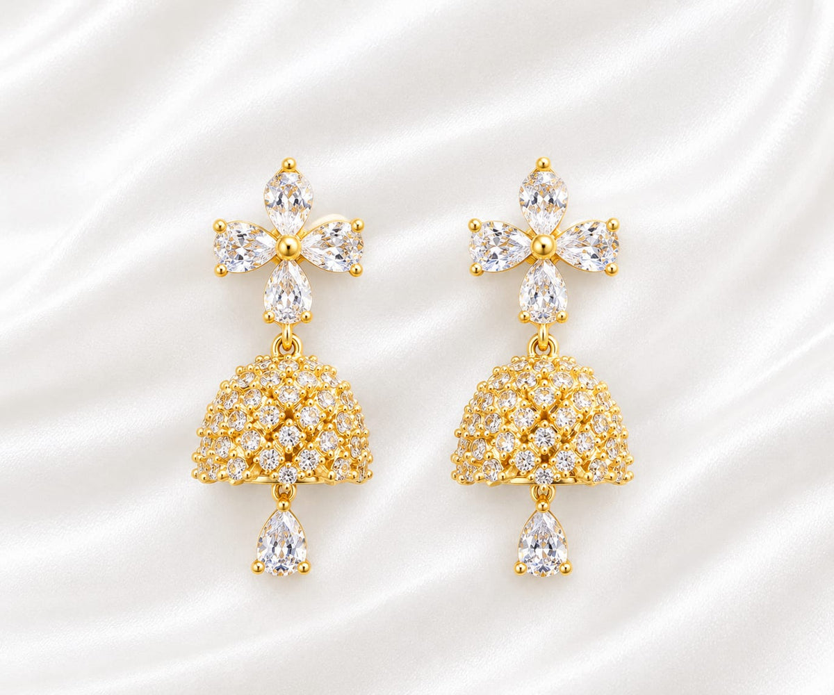 Gold-Plated CZ Floral Studded Jhumka Earrings with Pear-Cut Stone Drops