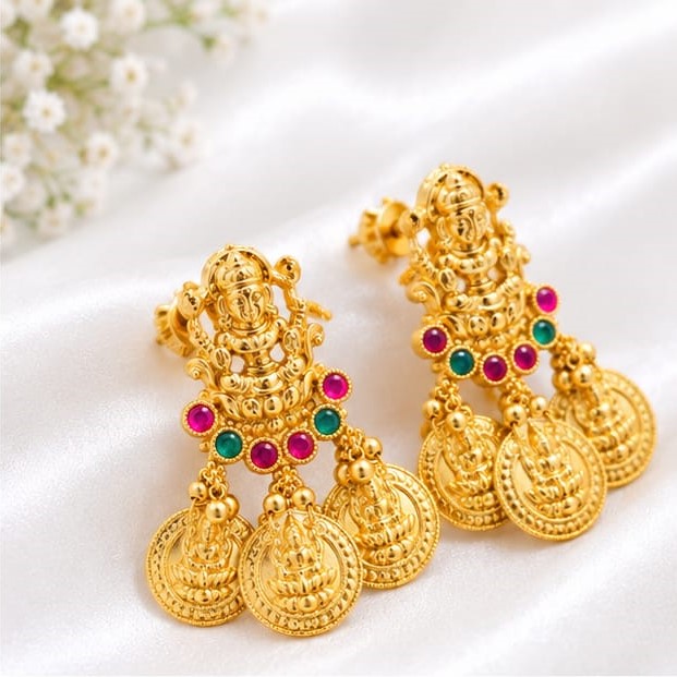 Traditional Gold-Plated Lakshmi Temple Jhumka/Drop Earrings with Ruby & Emerald Stones