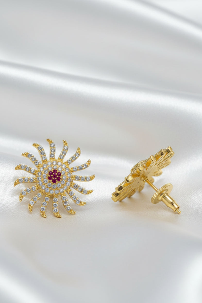 Gold Plated Floral Stud Earrings With Shimmering CZ Sunburst Halo