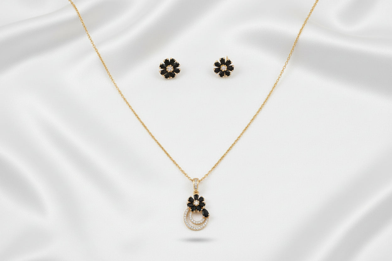 Gold Plated Sky Blue Floral Stone Pendant Necklace and Studs Set