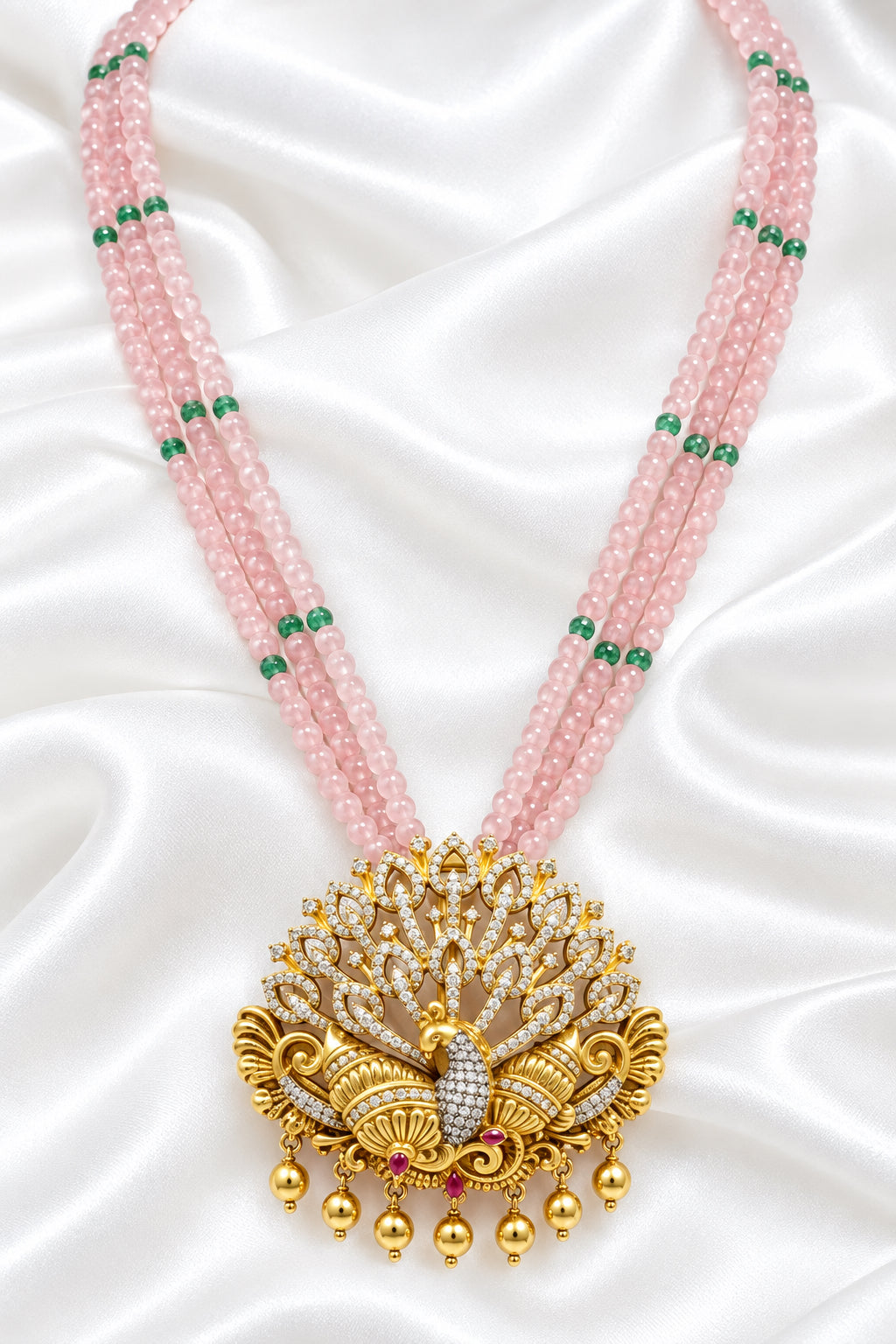 Pink Beaded Peacock Pendant Necklace Set with Earrings | Traditional Jewelry