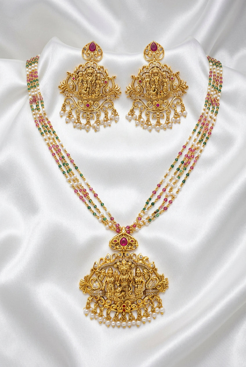 Traditional Lakshmi Temple Jewelry Set with Multicolor Beads & Pearl Drops