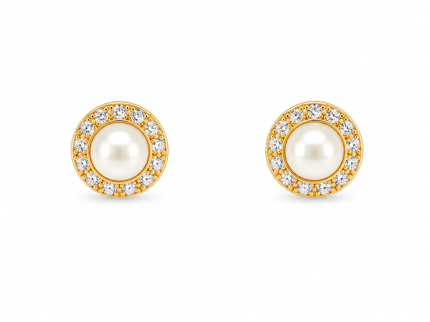 Gold Plated Pearl & Zircon Station Necklace Set with Matching Stud Earrings | Elegant Bridal Jewelry