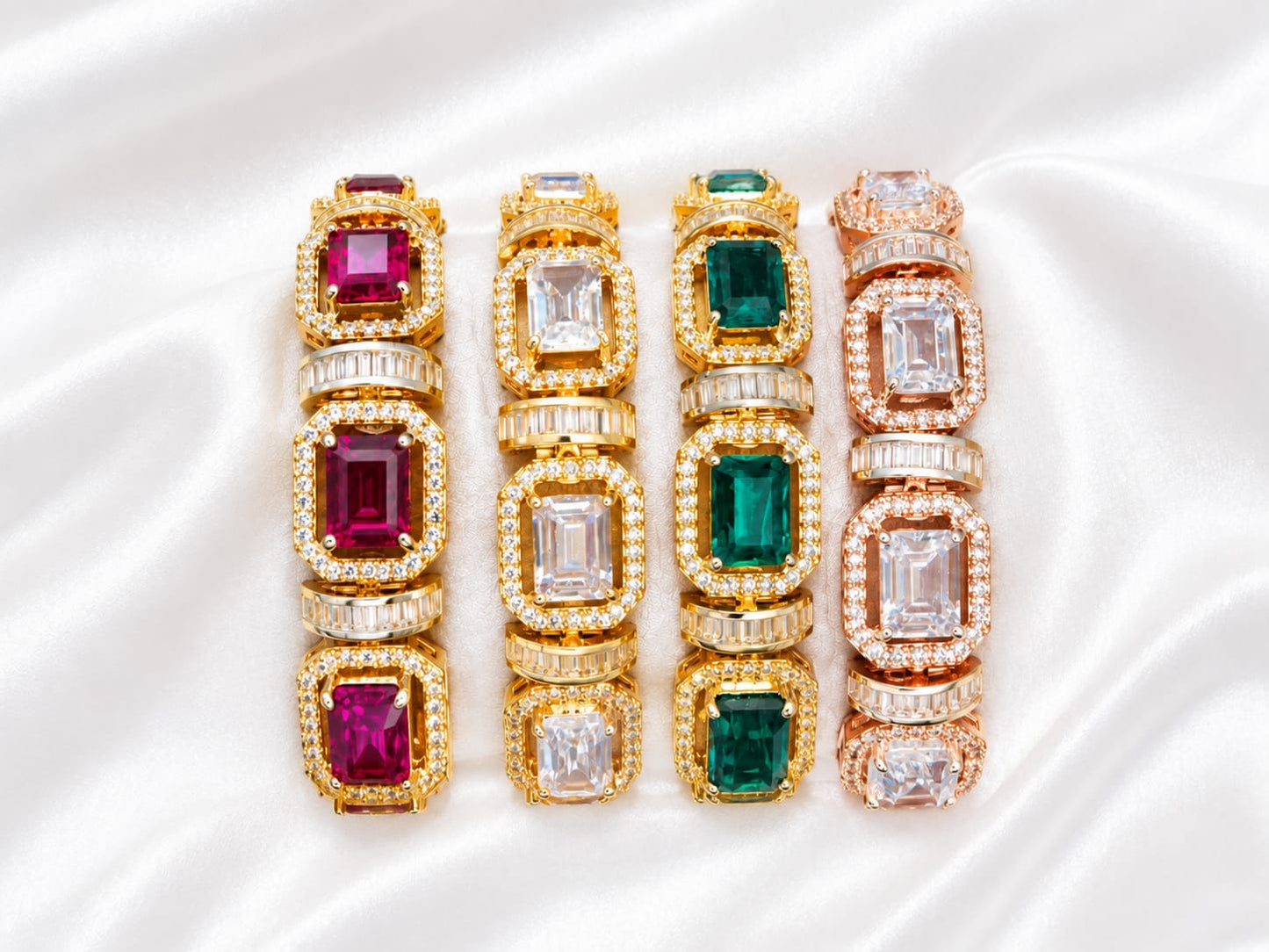 Luxury Emerald, Ruby & White Crystal Statement Bracelets | Gold & Rose Gold Finish