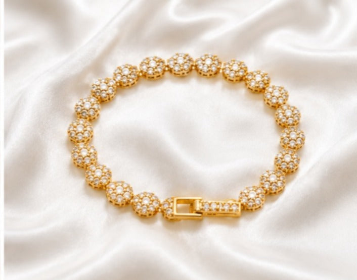 Gold Plated Crystal Floral Tennis Bracelet | Elegant CZ Statement Bracelet for Women