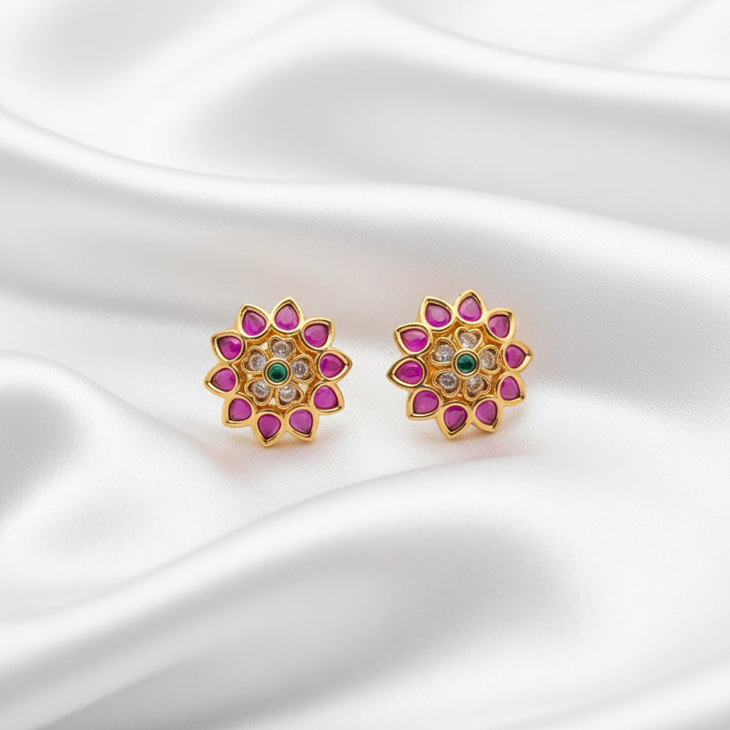 Set of 2 Pairs Traditional Indian Kundan-Style Floral Mandala Stud Earrings - Gold Plated with Emerald Green and Pink Stones