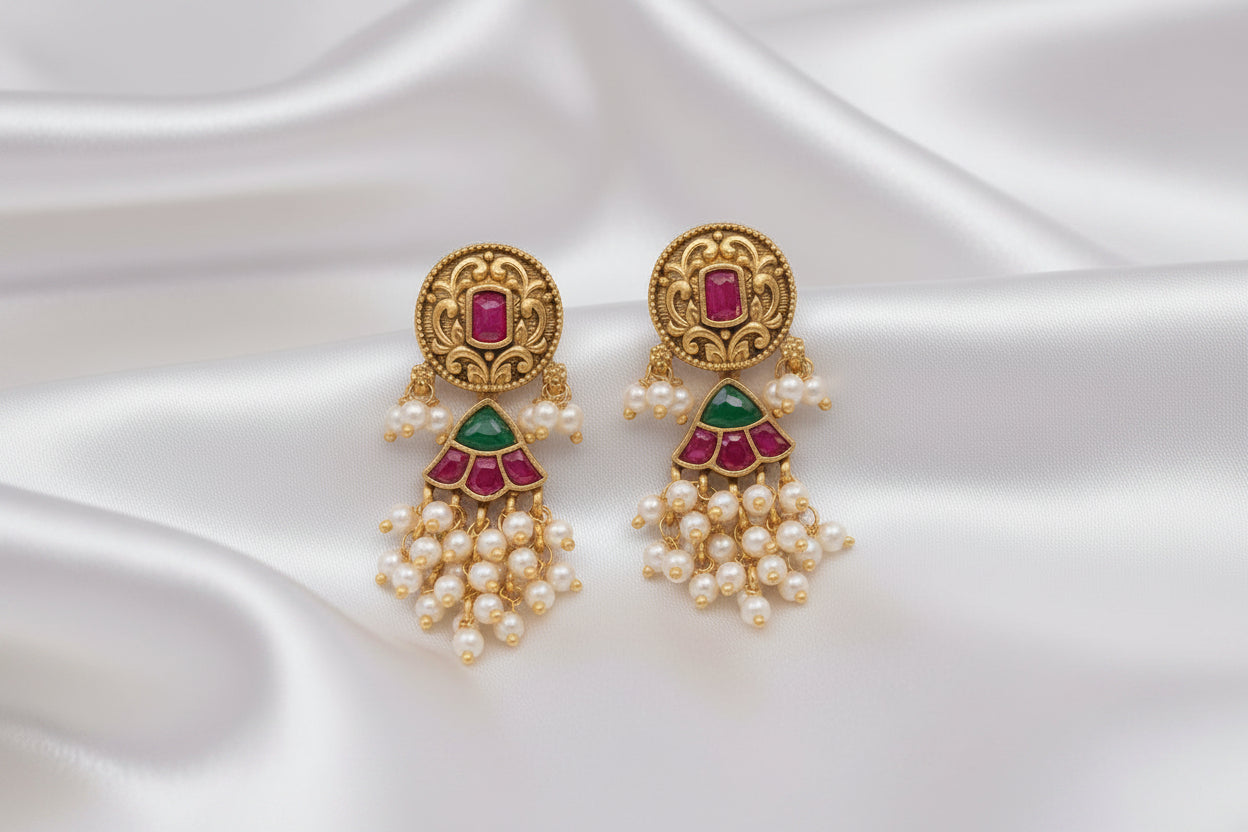 ✨ Traditional Indian Antiqu Jadau Kundan Style Earrings with Ruby, Emerald & Pearl Drops