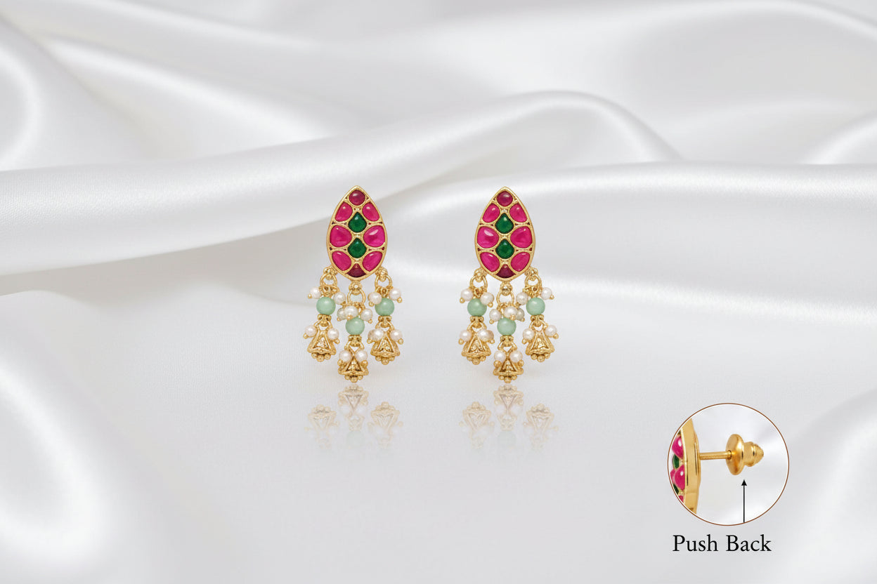 Pink & Green Kundan Earrings with Pearl & Bead Drops