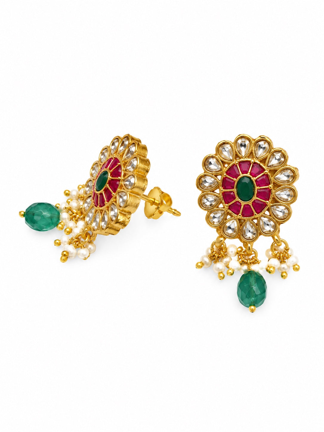 Royal Floral Unki Kundan & Gemstone Drop Earrings with Pearl Accents