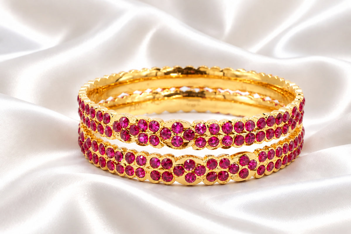 Gold-Plated Ruby Pink Stone Studded Bangles Set for Women