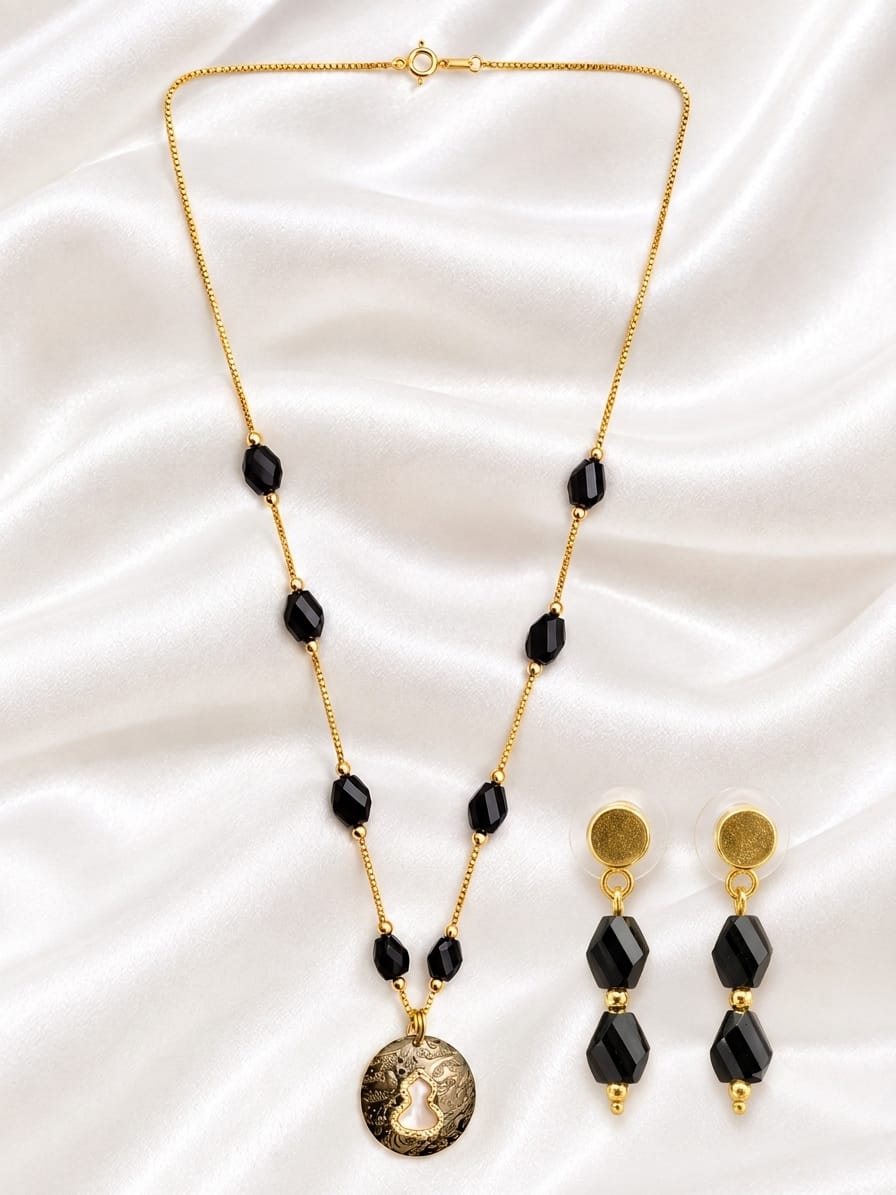 Elegant Gold Plated Black Crystal Bead Necklace & Drop Earrings Set