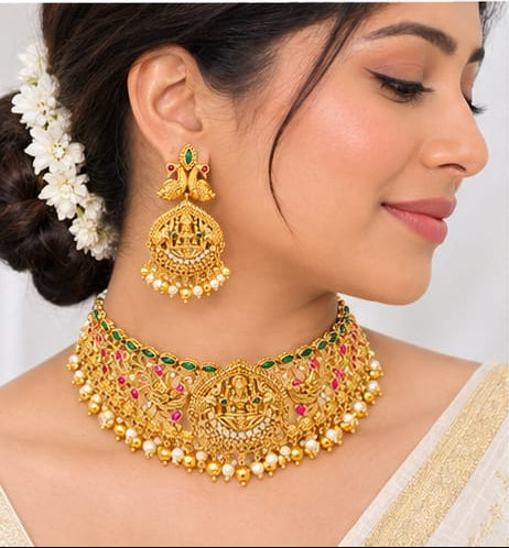 Antique Gold Temple Jewelry Choker Set with Goddess Lakshmi, Peacock Motifs, Kemp Stones & Pearl Drops