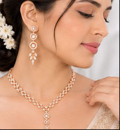 Rose Gold Sparkling Cubic Zirconia Necklace & Dangle Earring Jewelry Set