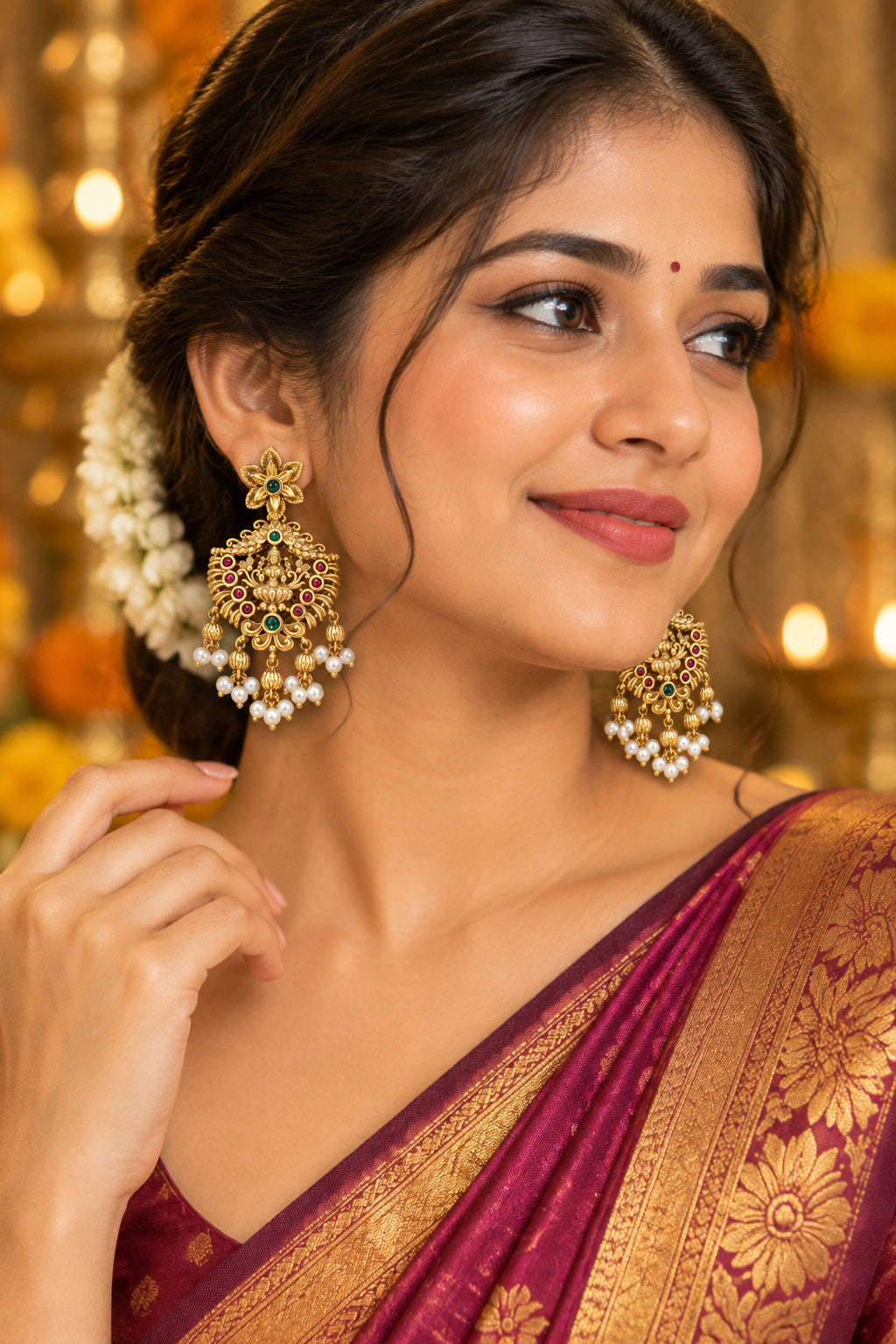 Antique Gold Plated Temple Earrings, Goddess Lakshmi Motif Statement Drop Earrings |Ruby Emerald Kemp Stone Pearl Jhumka Studs|