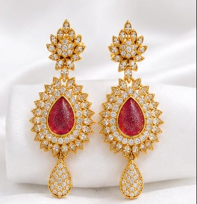 Elegant Gold-Plated Teardrop Statement Earrings with Shimmering Crimson Stone & CZ Accents