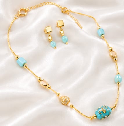 Elegant Light Blue Glass Bead & Gold-Tone Jewelry Set – Necklace and Matching Earrings