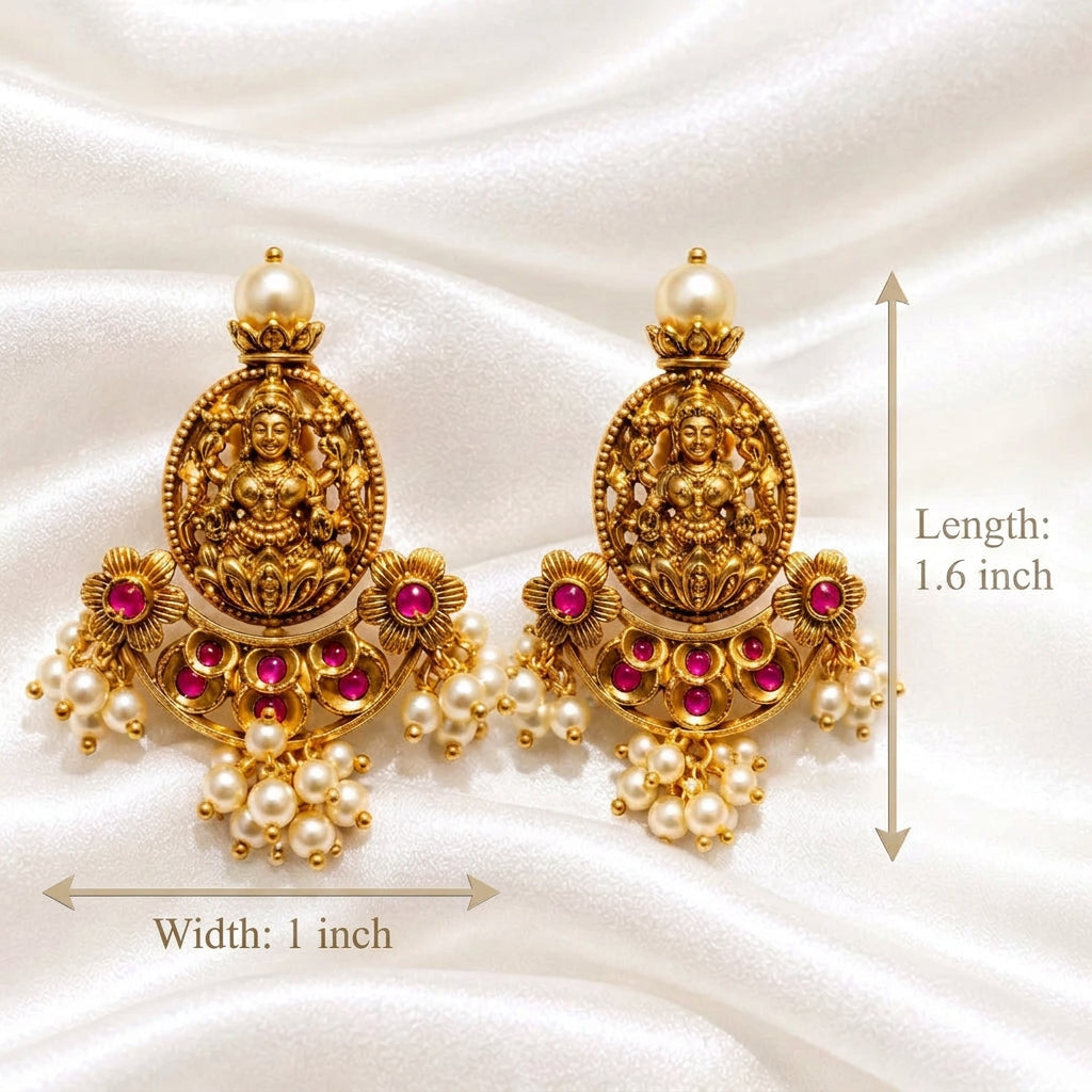 Traditional Temple Jewelry Lakshmi Stud Earrings with Pink Kemp & Pearl Droplets