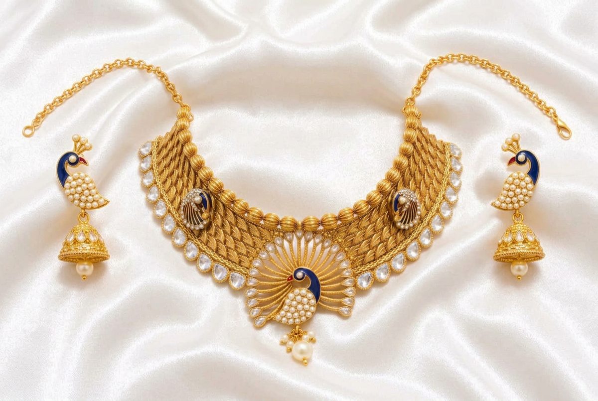 Majestic Peacock Choker Necklace & Jhumka Set | Royal Blue Enamel Jewelry