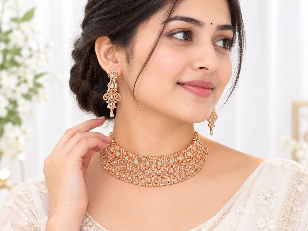Rose Gold Plated Choker Necklace Set with Mint Green Stone Earrings