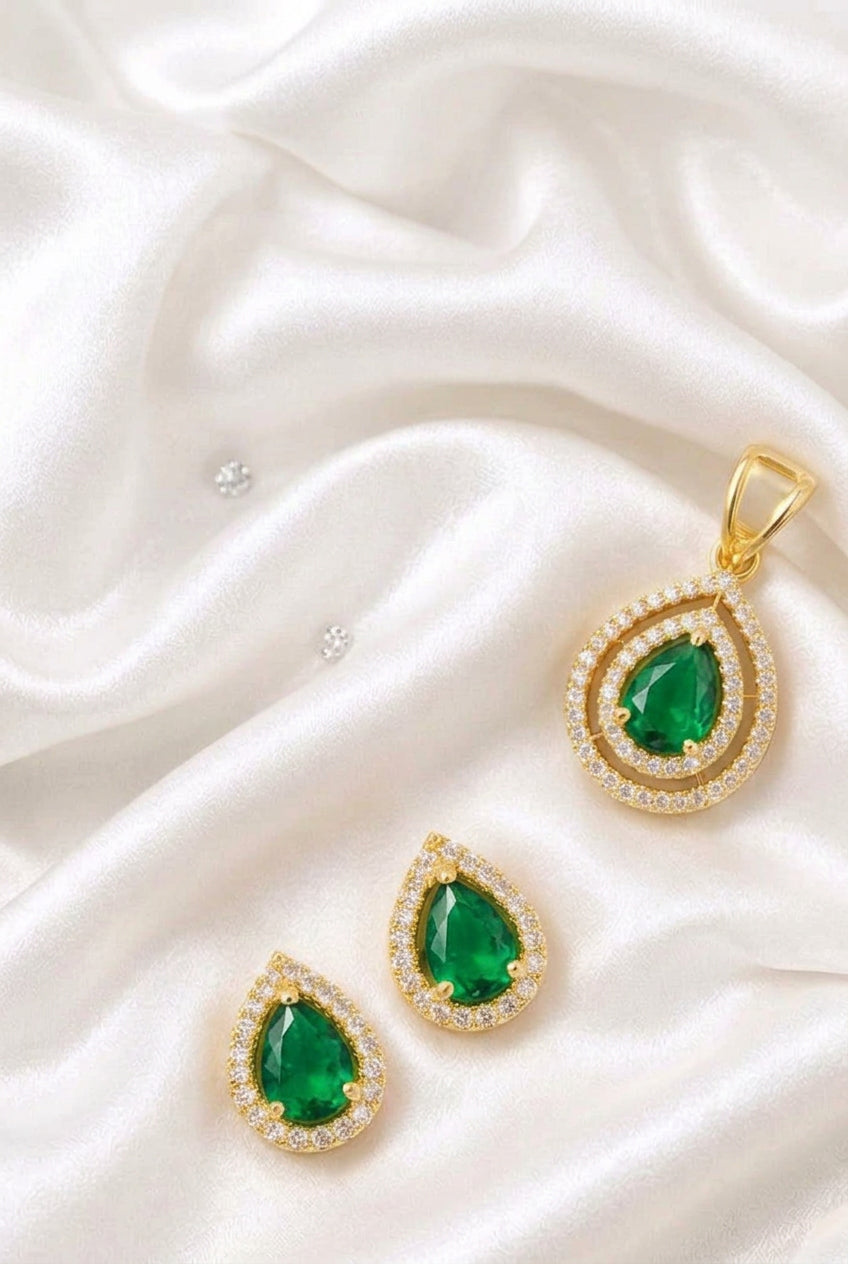 Regal Pear-Cut Emerald Green & Zirconia Double-Halo Pendant and Matching Push-Back Earrings Set in Gold Finish