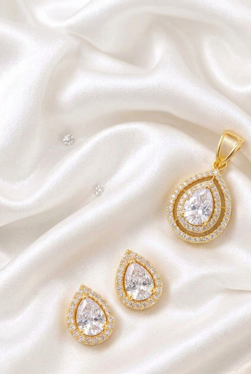 Dazzling Pear-Cut White Zirconia Double-Halo Pendant and Matching Push-Back Earrings Set in Gold Finish