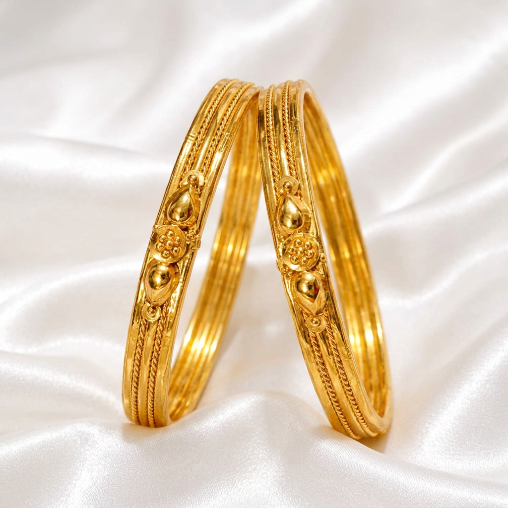 Classic Textured Gold Finish Fixed Bangles with Floral Center Cluster (Set of 2)
