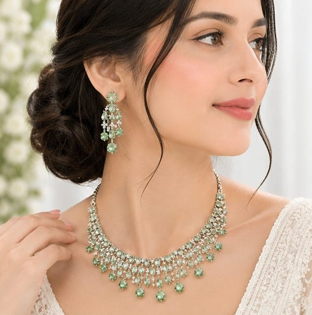 Mint Green & Silver-Plated Layered Cascading Cubic Zirconia Statement Necklace Set with Matching Earrings
