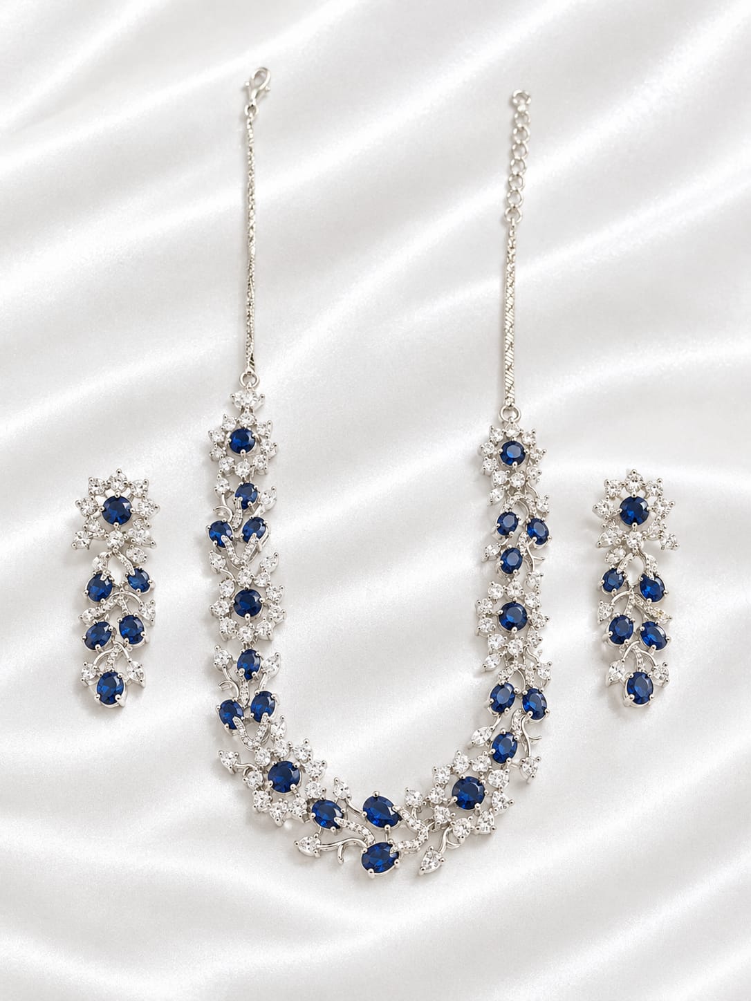 Blue Sapphire & CZ Stone Silver-Tone Necklace Set with Matching Earrings