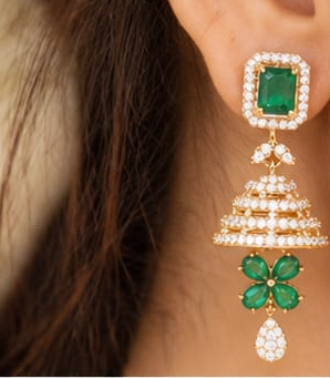 Emerald Green & CZ Jhumka Earrings – Gold Plated Rectangle Stud Layered Jhumki