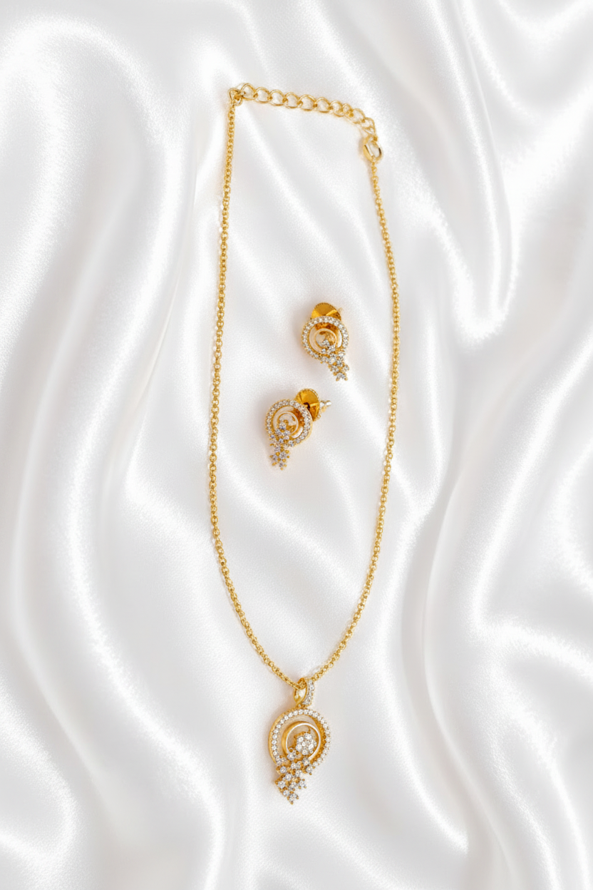 Gold Plated CZ Necklace & Earrings Set | Elegant Circular Design Jewellery Set