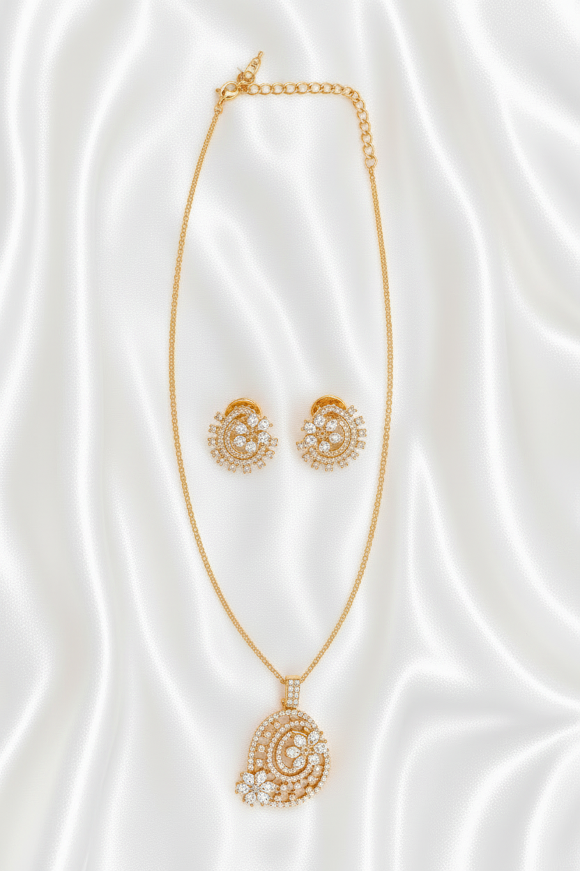 Elegant Gold-Plated CZ Floral Pendant & Earrings Set