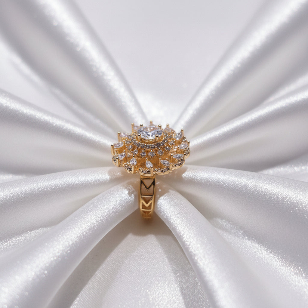 Gold-Plated American Diamond Floral Cluster Statement Ring