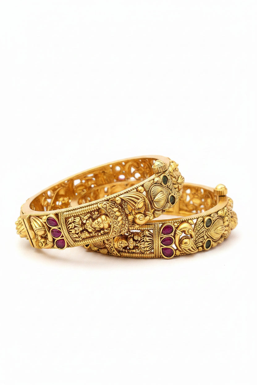 Antique Gold-Plated Peacock and Goddess Temple Bangle Set